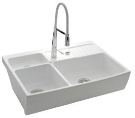 Timbre d'office Polar - Evier &agrave; poser Esprit Chambord 2 bacs, 1 vide-sauce, 1 &eacute;gouttoir coloris Blanc