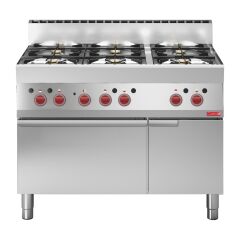 Fourneau 6 feux sur four &eacute;lectrique &agrave; convection avec placard ouvert Gastro M 65/110CFGE